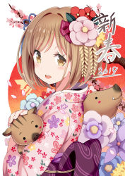 Rule 34 | 1girl, 2019, :d, animal, blue flower, blush, boar, branch, brown eyes, chinese zodiac, commentary request, fingernails, floral print, flower, givuchoko, hair flower, hair ornament, holding, holding animal, japanese clothes, kimono, light brown hair, looking at viewer, looking to the side, obi, open mouth, original, pink flower, pink kimono, print kimono, purple flower, red flower, sash, smile, solo, year of the pig