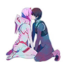 Rule 34 | 10s, 1boy, 1girl, black bodysuit, black hair, blue eyes, bodysuit, commentary request, couple, darling in the franxx, face-to-face, facing another, forehead-to-forehead, from side, full body, green eyes, heads together, hetero, highres, hiro (darling in the franxx), horns, igommy, kiss, long hair, looking at another, oni horns, pilot suit, pink hair, red horns, seiza, short hair, simple background, sitting, white background, white bodysuit, zero two (darling in the franxx)