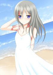 Rule 34 | 1girl, arm behind back, bare shoulders, beach, blue eyes, blue sky, blush, burn scar, cloud, collarbone, day, dorei to no seikatsu ~teaching feeling~, dress, grey hair, hand in own hair, highres, long hair, looking at viewer, md5 mismatch, ocean, outdoors, resolution mismatch, robu (ms08bb), scar, sky, smile, solo, source larger, sundress, sylvie (dorei to no seikatsu), white dress