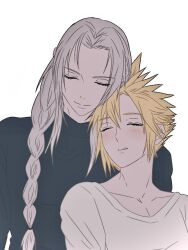 Rule 34 | 2boys, alternate costume, black shirt, blonde hair, blush, chin rest, closed eyes, cloud strife, collarbone, commentary, couple, english commentary, final fantasy, final fantasy vii, flat color, grey hair, head on head, head rest, light smile, long bangs, long hair, male focus, multiple boys, nanonadamo, parted bangs, parted lips, sephiroth, shirt, short hair, simple background, spiked hair, turtleneck, turtleneck shirt, upper body, white background, white shirt, yaoi