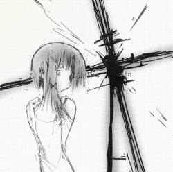 Rule 34 | 1girl, arms behind back, character name, closed mouth, dot mouth, facing to the side, halftone, iwakura lain, long shirt, looking at viewer, medium hair, monochrome, nose, power lines, serial experiments lain, shirt, short hair, sketch, sleeveless, sleeveless shirt, upper body, white background, yasunavert