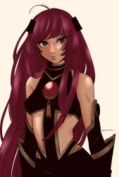 Rule 34 | 1girl, arc the lad, artist name, black gloves, breasts, brown eyes, closed mouth, gloves, hair ornament, highres, long hair, looking at viewer, marusa (marugorikun), medium breasts, open clothes, red hair, simple background, solo, trois (arc the lad), very long hair, zipper pull tab