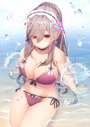 Rule 34 | 1girl, adapted costume, anchor symbol, azur lane, bare shoulders, bikini, breasts, cleavage, commentary request, dunkerque (azur lane), dunkerque (summer sucre) (azur lane), from above, grey hair, hair between eyes, hair ornament, halterneck, highres, large breasts, long hair, looking at viewer, navel, pink eyes, ponytail, purple bikini, sand, sidelocks, sitting, solo, stomach, swimsuit, tatapopo, thighs, water