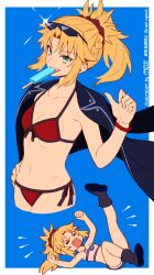 Rule 34 | 1girl, artist name, bikini, black coat, black footwear, black trim, blonde hair, blue background, braid, breasts, closed eyes, coat, commentary request, cowboy shot, denim, denim shorts, eyewear on head, fang, fate/grand order, fate (series), food, food in mouth, french braid, front-tie bikini top, front-tie top, green eyes, hair ornament, hair scrunchie, hairband, hand on own hip, highres, leg up, looking at viewer, lying, meiji ken, mordred (fate), mordred (fate) (all), mordred (swimsuit rider) (fate), mordred (swimsuit rider) (first ascension) (fate), multiple views, navel, on back, open mouth, parted bangs, pointing, pointing at self, ponytail, popsicle, popsicle in mouth, red bikini, red hairband, red scrunchie, red wristband, scrunchie, shorts, side-tie bikini bottom, sidelocks, simple background, small breasts, sunglasses, swimsuit, tantrum, wristband