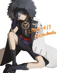 Rule 34 | 1boy, armor, artist name, belt, black footwear, black shirt, black shorts, blue eyes, blue hair, blunt ends, boots, chinikuniku, closed mouth, coat, commentary request, dark blue hair, dated, eyeshadow, fur-trimmed coat, fur trim, genshin impact, gold necklace, hair between eyes, hand up, japanese armor, jewelry, kote, kurokote, lapels, long sleeves, looking to the side, makeup, male focus, mitsudomoe (shape), necklace, no headwear, open clothes, open coat, purple belt, red eyeshadow, scaramouche (genshin impact), shirt, short hair, short sleeves, shorts, simple background, sitting, solo, tomoe (symbol), white background, white coat