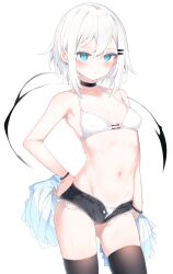 Rule 34 | 1girl, bikini, black choker, black shorts, black thighhighs, blue eyes, blush, breasts, choker, closed mouth, collarbone, commentary request, hair ornament, hairclip, hand on own hip, highres, looking at viewer, medium breasts, original, otokuyou, ringo-chan (otokuyou), short shorts, shorts, simple background, solo, standing, sweat, swimsuit, tail, thighhighs, white background, white bikini, white hair