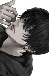 Rule 34 | 1boy, black eyes, black hair, black shirt, chainsaw man, closed mouth, ear piercing, earrings, hand up, highres, hoop earrings, jewelry, looking at viewer, male focus, mole, mole under mouth, multiple piercings, piercing, shirt, short hair, simple background, solo, sso s, white background, yoshida hirofumi