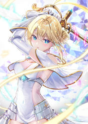 Rule 34 | 1girl, akasaka asa, arms up, azur lane, blonde hair, blue eyes, blush, breasts, capelet, cleavage, commentary request, covered navel, crossed bangs, dress, falling feathers, feathers, hair bun, holding, holding sword, holding weapon, jeanne d&#039;arc (azur lane), looking at viewer, medium breasts, navel, open mouth, see-through, short hair, sidelocks, single hair bun, solo, standing, sword, upper body, weapon, white capelet, white dress