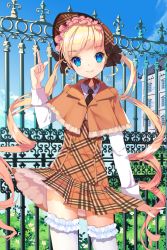 Rule 34 | 1girl, arm up, black necktie, blonde hair, blue eyes, blue sky, blunt bangs, bonnet, brown dress, building, bush, buttons, capelet, collared shirt, curly hair, day, dress, fence, frilled thighhighs, frills, gate, happy, index finger raised, ironwork, long hair, long sleeves, looking at viewer, mandrake girls 2, mintchoco (orange shabette), necktie, outdoors, petticoat, plaid, plaid skirt, plant, pointing, pointing up, shirt, skirt, sky, smile, solo, standing, thighhighs, twintails, very long hair, white shirt, white thighhighs, wind, wind lift