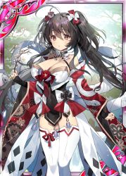 Rule 34 | 1girl, age of ishtaria, bare shoulders, black hair, braid, breasts, collaboration, collarbone, diamond (shape), fingerless gloves, floral print, flower, gloves, hair ribbon, holding, holding flower, japanese clothes, large breasts, long hair, looking at viewer, namyo, official art, outdoors, red eyes, red ribbon, ribbon, shinkai no valkyrie, snake print, thighhighs, tree, twintails, white ribbon