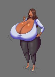 Rule 34 | 1girl, blue eyes, blue nails, blue sweater, bracelet, breasts, brown hair, cleavage, collarbone, curvy, dark-skinned female, dark skin, female focus, franktonius, gigantic breasts, hand on own hip, highres, jewelry, lipstick, long hair, looking at viewer, makeup, mole, mole on breast, original, pants, shiny skin, solo, sweater, taut clothes, yoga pants