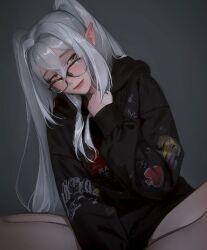 Rule 34 | 1girl, absurdres, black-framed eyewear, butterfly sitting, commission, glasses, grey background, grey hair, hair between eyes, head tilt, highres, limart, long hair, looking at viewer, original, pointy ears, sitting, solo, twintails, yellow eyes