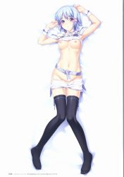 Rule 34 | 10s, 1girl, belt, black thighhighs, blue eyes, blue hair, breasts, clothes lift, clothes pull, eyebrows, from above, hair ornament, highres, himuro rikka, jpeg artifacts, koutaro, looking at viewer, lying, matching hair/eyes, medium breasts, navel, nipples, on back, panties, panty pull, shirt lift, short hair, shorts, shorts pull, solo, thighhighs, tropical kiss, underwear, white panties, white shorts