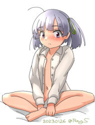 Rule 34 | 1girl, bare legs, commentary request, flat chest, grey hair, hair ribbon, indian style, kantai collection, looking at viewer, naked shirt, one-hour drawing challenge, ooshio (kancolle), ray.s, ribbon, shirt, short hair, short twintails, simple background, sitting, solo, twintails, twitter username, white background