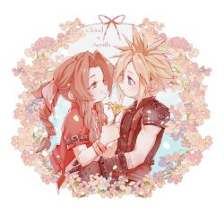 Rule 34 | 1boy, 1girl, aerith gainsborough, aqua eyes, armor, bandaged arm, bandages, bangle, belt, blonde hair, bracelet, braid, braided ponytail, brown belt, brown hair, character name, choker, cloud strife, cropped jacket, final fantasy, final fantasy vii, final fantasy vii remake, flower, flower choker, green eyes, hair between eyes, hair ribbon, hetero, highres, holding, holding flower, jacket, jewelry, leanor ff14, light blush, lily (flower), long hair, looking at another, parted bangs, parted lips, pink ribbon, red jacket, ribbon, short hair, short sleeves, shoulder armor, sidelocks, single braid, sleeveless, sleeveless turtleneck, smile, spiked hair, suspenders, turtleneck, upper body, yellow flower