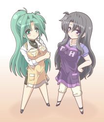 Rule 34 | 2girls, black hair, blush, breast hold, breasts, chibi, crossed arms, green eyes, green hair, hands on own hips, jewelry, kano-0724, large breasts, lindy harlaown, long hair, looking at viewer, looking up, lyrical nanoha, mahou shoujo lyrical nanoha innocent, multiple girls, necklace, ponytail, presea testarossa, purple eyes, smile