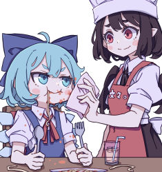 Rule 34 | 2girls, absurdres, apron, black hair, blue bow, blue dress, blue eyes, blue hair, blush stickers, bow, cirno, closed mouth, clothes writing, collared shirt, cup, dress, drinking, drinking glass, drinking straw, eating, fairy, food, food on face, fork, hair between eyes, hair bow, highres, holding, holding fork, ice, ice wings, kame (kamepan44231), multiple girls, pointy ears, puffy short sleeves, puffy sleeves, red apron, red eyes, shameimaru aya, shirt, short hair, short sleeves, simple background, sitting, smile, touhou, white background, white shirt, wings