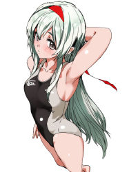 Rule 34 | 10s, 1girl, arm behind head, armpits, ass, breasts, brown eyes, kantai collection, long hair, one-piece swimsuit, ruuto (sorufu), shoukaku (kancolle), silver hair, simple background, solo, swimsuit, white background