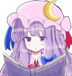 Rule 34 | 1girl, blue bow, blue ribbon, book, bow, closed mouth, collar, commentary request, crescent, crescent hat ornament, frown, hair bow, hat, hat ornament, hat ribbon, highres, higurashi7956, long hair, mob cap, open book, patchouli knowledge, purple eyes, purple hair, reading, red bow, red ribbon, ribbon, simple background, solo, touhou, white background