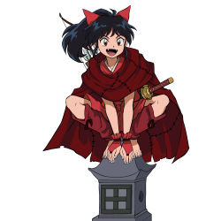 Rule 34 | 1girl, absurdres, arrow (symbol), barefoot, black hair, bow, cape, fangs, feet, female focus, gnsisir, han&#039;you no yashahime, highres, inuyasha, japanese clothes, moroha (inuyasha), ponytail, quiver, red cape, sheath, sheathed, simple background, solo, squatting, stone lantern, sword, toes, weapon, white background