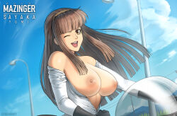 Rule 34 | 1girl, ;d, black gloves, blue sky, blunt bangs, bodysuit, breasts, brown eyes, brown hair, character name, commission, copyright name, dark nipples, day, erodrunky, gloves, highres, hime cut, lamppost, large breasts, long hair, looking at viewer, mazinger (series), nipples, no bra, off shoulder, one eye closed, open mouth, power lines, sidelocks, sky, smile, solo, straight hair, undressing, unzipping, white bodysuit, yumi sayaka, zipper pull tab