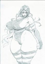 Rule 34 | 1girl, blush, bonten, breasts, curvy, covered erect nipples, female focus, gigantic breasts, highres, leotard, long hair, looking at viewer, marvel, monochrome, psylocke, puffy nipples, solo, standing, thick thighs, thighs, thong leotard, wide hips, x-men
