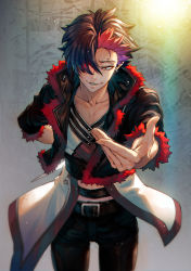 Rule 34 | 1boy, arm behind back, belt, belt buckle, black belt, black eyes, black hair, black jacket, black legwear, buckle, collarbone, earrings, fur trim, glowing, glowing eye, hair over one eye, holding, holding knife, holding weapon, hotaruika niji, jacket, jewelry, knife, light, male focus, multicolored hair, original, outstretched hand, parted lips, red hair, sharp teeth, smile, solo, standing, teeth, tight clothes, weapon, zipper, zipper pull tab