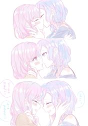 Rule 34 | 2girls, ^ ^, aqua eyes, aqua hair, bang dream!, blush, bow, braid, closed eyes, comic, eye contact, face-to-face, forehead-to-forehead, hair bow, hana kon (17aaammm), hands on another&#039;s cheeks, hands on another&#039;s face, hands on another&#039;s shoulders, heads together, highres, hikawa hina, kiss, long hair, looking at another, maruyama aya, multiple girls, pale color, pink eyes, pink hair, side braids, upper body, yuri