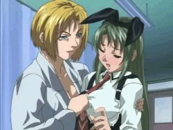 Rule 34 | 00s, 2girls, animal ears, animated, animated gif, bible black, blonde hair, blush, breasts, breasts squeezed together, closed eyes, fake ears, grabbing, grabbing another&#039;s breast, green hair, ito mika, kitami reika, large breasts, long hair, mind control, multiple girls, nipple stimulation, nipple tweak, nurse, open mouth, rabbit ears, short hair, smile, teacher, yuri