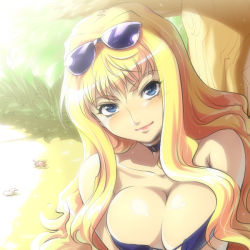 Rule 34 | 00s, 1girl, bare shoulders, bikini, blonde hair, blue eyes, blush, breasts squeezed together, breasts, choker, cleavage, eyewear on head, hairu, large breasts, light smile, long hair, macross, macross frontier, sheryl nome, smile, solo, sunglasses, swimsuit
