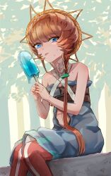 Rule 34 | 1girl, belt, black sleeves, blue eyes, blue overalls, braid, brown hair, buckle, clothing cutout, crown braid, fate/grand order, fate (series), flat chest, food, highres, holding, holding food, holding popsicle, leggings, looking at viewer, navel, navel cutout, orange headwear, overalls, popsicle, red leggings, shimogamo (shimomo 12), side braid, sitting, solo, striped clothes, striped headwear, tongue, tongue out, tree, van gogh (fate)
