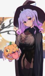 Rule 34 | 1girl, black eyes, black leotard, black pantyhose, breasts, cape, cleavage, earrings, halloween, halloween costume, hat, highres, jack-o&#039;-lantern, jewelry, large breasts, leotard, leotard under clothes, navel, original, otoha rilly, pantyhose, pink hair, r project, satou daiji, skin tight, skindentation, twintails, virtual youtuber, witch, witch hat