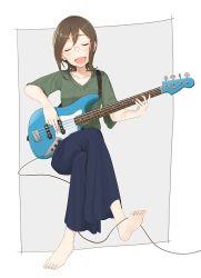 Rule 34 | 1girl, barefoot, bass guitar, brown hair, cable, closed eyes, collarbone, electric bass, fender (company), fender jazz bass, full body, glasses, instrument, long skirt, open mouth, seto ferb, short hair, skirt, smile, solo, tokyo 7th sisters, w3b (saviorw3b), white background