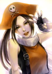 Rule 34 | 1girl, arc system works, brown eyes, brown hair, fingerless gloves, gloves, guilty gear, hat, jurithedreamer, long hair, may (guilty gear), open mouth, orange hat, orange shirt, pirate, pirate hat, realistic, shirt, smile, solo