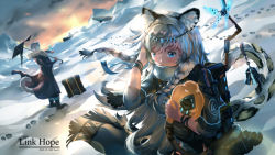 Rule 34 | 1boy, 1girl, animal ear fluff, animal ears, arknights, arm up, asc11, backpack, bag, bell, black footwear, blue eyes, boots, bracelet, braid, breasts, chinese commentary, commentary request, covering own mouth, crate, dress, dutch angle, english text, facing away, footprints, fur collar, gem, grey eyes, hair between eyes, hairband, highres, holding, jacket, jewelry, leopard ears, leopard tail, long hair, looking at viewer, pramanix (arknights), scarf, silver hair, silverash (arknights), snow, sunrise, tail, twin braids, umbrella, very long hair