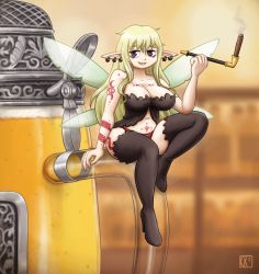 Rule 34 | 1girl, absurdres, alcohol, aloe (ishuzoku reviewers), beer, beer mug, body markings, boots, breasts, cleavage, commentary, commission, covered erect nipples, cup, earrings, english commentary, fairy, fairy wings, green hair, hair between eyes, high heel boots, high heels, highres, ishuzoku reviewers, jewelry, king-kakapo, large breasts, long hair, looking at viewer, mug, navel, pointy ears, pubic tattoo, purple eyes, sitting, smile, smoking, smoking pipe, solo, tankard, tattoo, thigh boots, thighhighs, wings