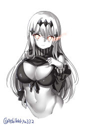 Rule 34 | 1girl, abyssal ship, aircraft carrier water oni, bikini, bikini top only, black bikini, black footwear, breasts, cleavage, clothes lift, colored skin, detached sleeves, ebifurya, front-tie bikini top, front-tie top, glowing, glowing eyes, grey skin, hair ornament, hairclip, highres, kantai collection, large breasts, lifted by self, long hair, long sleeves, looking at viewer, navel, simple background, solo, stomach, straight hair, striped, swimsuit, tareme, turtleneck, twitter username, upper body, vertical stripes, very long hair, white background, white hair, yellow eyes