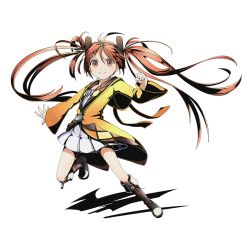Rule 34 | 10s, 1girl, aihara enju, black bullet, boots, brown eyes, brown hair, divine gate, dress, floating hair, full body, hair ornament, jacket, leg up, long hair, looking at viewer, official art, outstretched arm, pleated dress, shadow, smile, solo, transparent background, twintails, ucmm, very long hair, white dress, yellow jacket