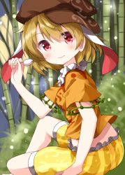 Rule 34 | 1girl, animal ears, bamboo, barefoot, blonde hair, brown hat, cabbie hat, closed mouth, dango, extra ears, floppy ears, food, frilled shirt collar, frills, from side, full moon, grass, hat, highres, holding, holding food, light purple hair, looking at viewer, moon, night, orange shirt, outdoors, rabbit ears, rabbit tail, red eyes, ringo (touhou), ruu (tksymkw), shirt, short hair, shorts, sitting, solo, tail, touhou, wagashi, yellow moon, yellow shorts