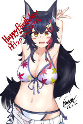 Rule 34 | 1girl, 2020, 20s, absurdres, animal ears, arms behind head, arms up, august, bikini, black hair, blush, breasts, cleavage, clochetteravine, clothes pull, collarbone, dated, gift, hair ornament, happy birthday, highres, hololive, large breasts, leaf print, long hair, looking at viewer, multicolored hair, ookami mio, open mouth, print bikini, print bikini top, red hair, shorts, shorts pull, side-tie bikini bottom, smile, standing, streaked hair, swimsuit, two-tone hair, v, virtual youtuber, white background, white bikini, white shorts, wolf ears, wolf girl, yellow eyes