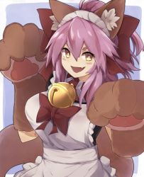 Rule 34 | 1girl, :d, animal ear fluff, animal ears, animal hands, apron, bell, black dress, blush, bow, breasts, brown gloves, claw pose, collar, dress, fang, fate/grand order, fate (series), fox ears, gloves, hair between eyes, hair bow, hands up, highres, jingle bell, looking at viewer, maid, neck bell, open mouth, paw gloves, pink hair, red bow, red collar, short sleeves, skin fang, smile, solo, tamamo (fate), tamamo cat (fate), tamamo cat (second ascension) (fate), upper body, white apron, yellow eyes, yonaga san