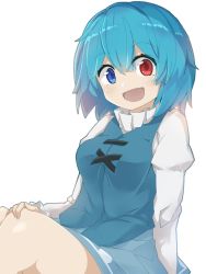 Rule 34 | 1girl, :d, arm support, blue eyes, blue hair, blue skirt, blue vest, blush, breasts, commentary, cross-laced clothes, feet out of frame, hair between eyes, hand on own knee, heterochromia, highres, juliet sleeves, knees up, long sleeves, looking at viewer, medium breasts, open mouth, puffy sleeves, red eyes, short hair, simple background, sitting, skirt, smile, solo, tatara kogasa, thighs, touhou, tyouseki, vest, white background
