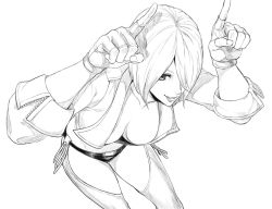 Rule 34 | angel (kof), boots, bra, breasts, chaps, cleavage, cowboy boots, cropped jacket, horns pose, fingerless gloves, gloves, greyscale, hair over one eye, highres, index fingers raised, jacket, large breasts, leather, leather jacket, monochrome, official art, s.n.x, snk, solo, strapless, strapless bra, the king of fighters, the king of fighters xv, toned, underwear