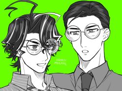 Rule 34 | ahoge, black hair, collared shirt, fate/grand order, fate (series), glasses, green background, hair slicked back, looking at viewer, lywo n candy, male focus, multicolored hair, multiple boys, necktie, partially colored, shirt, short hair, simple background, smile, streaked hair, striped clothes, striped shirt, takechi zuizan (fate), upper body, white hair, yoshida shouin (fate)