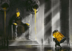 Rule 34 | 6+boys, album cover, artur fast, colored skin, commentary, cover, english commentary, gargoyle, gas mask, liquid, male focus, mask, multiple boys, science fiction, sitting, standing, stasis tank, throne, uniform, yellow skin