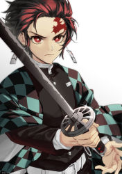 Rule 34 | 1boy, doran (doran7280), earrings, hanafuda, haori, highres, holding, holding sword, holding weapon, japanese clothes, jewelry, kamado tanjirou, kimetsu no yaiba, looking at viewer, male focus, red eyes, red hair, scar, scar on face, scar on forehead, solo, sword, upper body, weapon, white background
