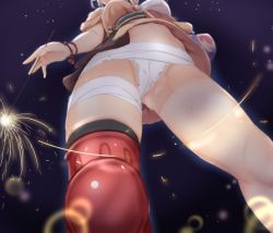 Rule 34 | 1girl, bandages, bead bracelet, beads, blonde hair, bracelet, breasts, commentary, contrapposto, dongchuan, fireworks, from below, genshin impact, highres, holding sparkler, japanese clothes, jewelry, kimono, knee pads, legs, lens flare, medium breasts, navel, night, night sky, orange kimono, sarashi, single sleeve, single thighhigh, sky, solo, sparkler, standing, thighhighs, thighs, upskirt, yoimiya (genshin impact)