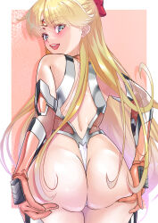 Rule 34 | 1girl, absurdres, aino minako, aqua eyes, arion canvas, ass, ass focus, back, bishoujo senshi sailor moon, blonde hair, bodysuit, bow, circlet, earrings, hair bow, hands on own ass, highres, impossible bodysuit, impossible clothes, impossible leotard, jewelry, leotard, lips, long hair, looking back, orange bodysuit, orange gemstone, red bow, sailor venus, skin tight, smile, solo, stud earrings, taimanin (series), taimanin suit