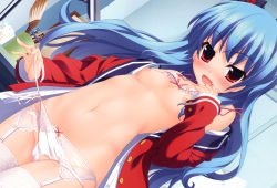 Rule 34 | 1girl, absurdres, akeboshi akane, bare shoulders, blue hair, blush, bra, bra lift, cameltoe, cup, desk, fang, flat chest, game cg, garter belt, groin, highres, houkago eroge-bu!, itou life, lace, lace-trimmed legwear, lace trim, long hair, navel, nipples, no pants, open clothes, open mouth, open shirt, panties, pencil, red eyes, shirt, side-tie panties, solo, thighhighs, underwear, white bra, white panties, white thighhighs