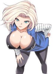 Rule 34 | 1girl, android 18, aoiakira553, aqua eyes, bent over, blonde hair, breasts, cleavage, dragon ball, dragonball z, expressionless, hand on own hip, jpeg artifacts, lips, looking at viewer, medium breasts, pantyhose, pout, short hair, simple background, solo, white background